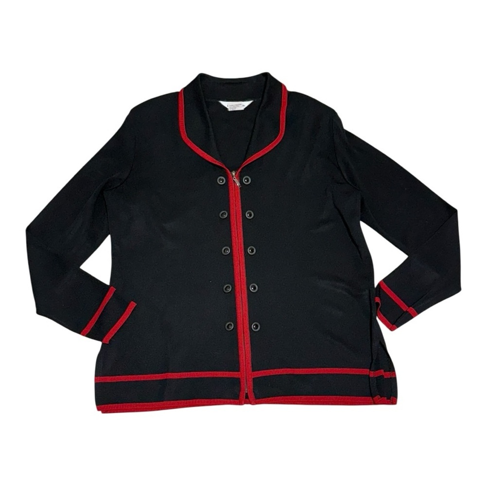 Misook Black‎ Red Trim Knit Cardigan Sweater Sz M Zip Front Double Breasted Look